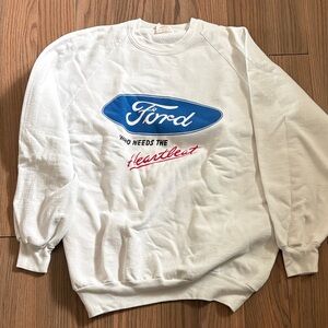 VTG Ford White Crewneck Sweater with Blue Logo